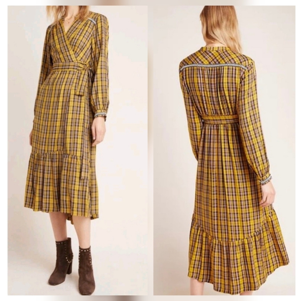 Anthropologie‎ Dalton Yellow Plaid Wrap Tiered Dress XS
